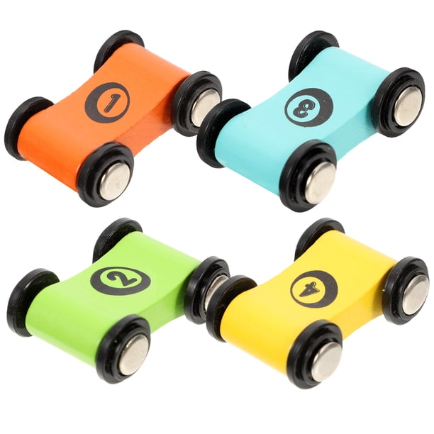 4 coches pequeños de madera para carreras, pista de carreras de madera, modelo de coche de carreras de madera, coche de carreras para fiestas