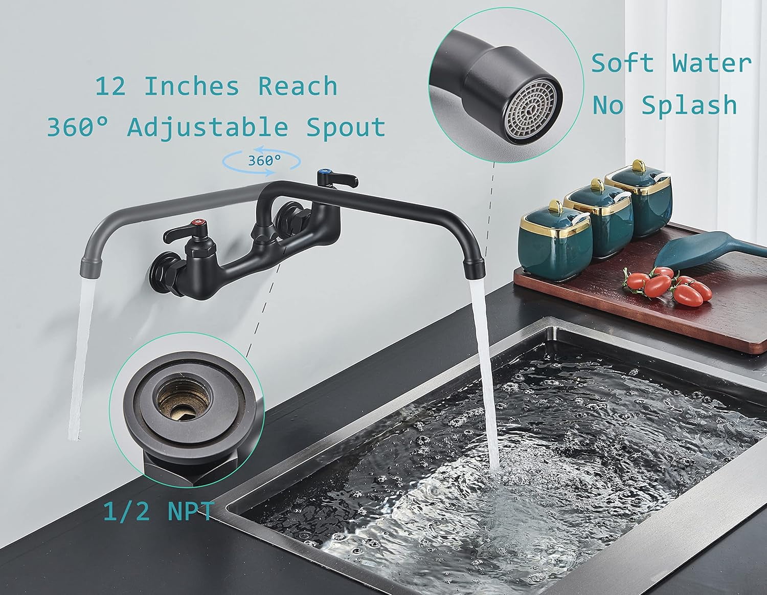 Zovajonia Kitchen Sink Faucet 8 Inch Center with 12 Inch Swivel Spout 2-Handle Wall Mount Kitchen Faucets for Home Restaurant Industrial Matte Black