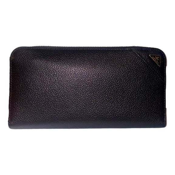 Prada Vitello Micro Grain Long Black Zip Around Continental Wallet Triangle Logo