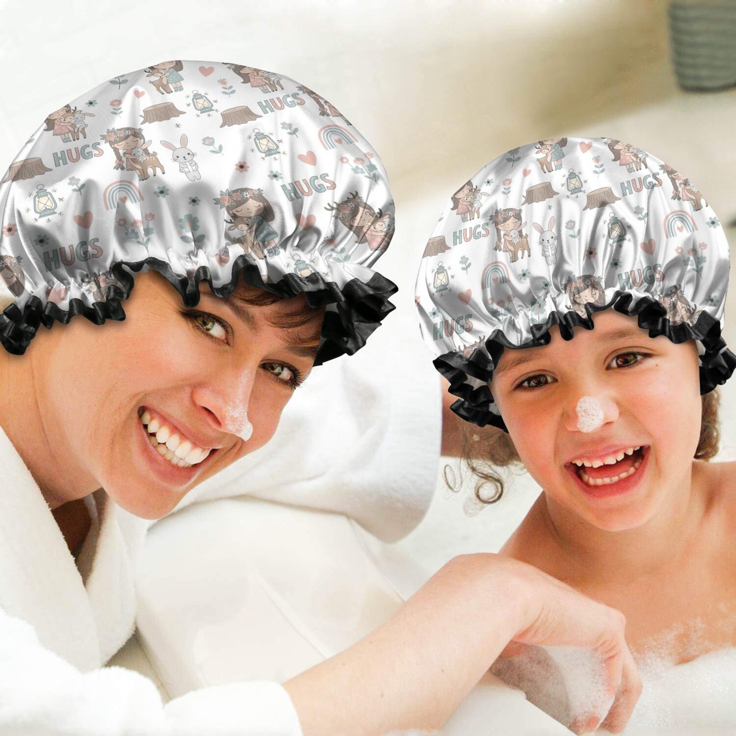 Shower Caps,White Forest Girl Pattern Waterproof Shower Cap for Women 4 Pieces,Double Reusable Hair Cover for Shower PEVA Elastic Stretch Hem