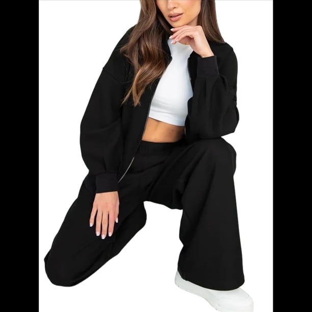 Conjunto de 2 Piezas para Mujer: Sudadera Informal de Larga con Cremallera y Pantalones Deportivos de Pierna Negro L