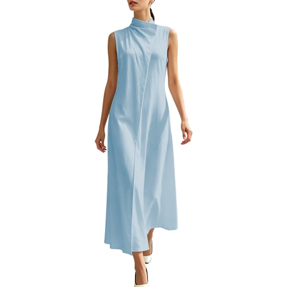 Women's Elegant Sleeveless Stand Collar Button Down Midi Dress for Casual Summer Blue L