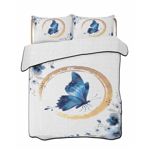 Quilts Queen Size Bedding Set, Blue Butterflies Flowers Lightweight Quilted Comforter, Spring Watercolor Botanical Floral Soft Bedspread Coverlet with Pillow Covers for All Season, 90" x 96"