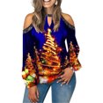 thumbnail image 3 of Camisetas de manga larga para mujer, ropa informal con cuello redondo y hombros descubiertos, con estampado navideño de empalme, novedad, gran oferta, otoño, 3 of 4