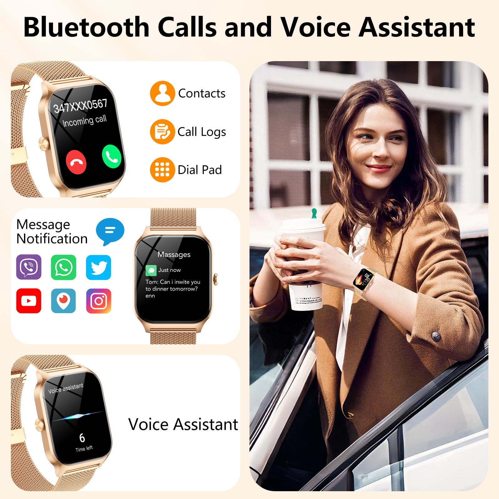 Smart Watch Fits for Android and IPhone, 1.85 inch Fitness Tracker, Women's Smartwatch with Answer/Make Calls/120+ Sports Modes/Message Reminder, IP68 Waterproof, for Gift Rose Gold