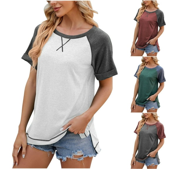 HAPIMO Women's Trendy Loose Raglan Tops Tunic for Teen Girls Solid Color Patchwork Summer Short Sleeve Round Neck Pullover Elegant Casual Relaxed Blouses Dark Gray XL