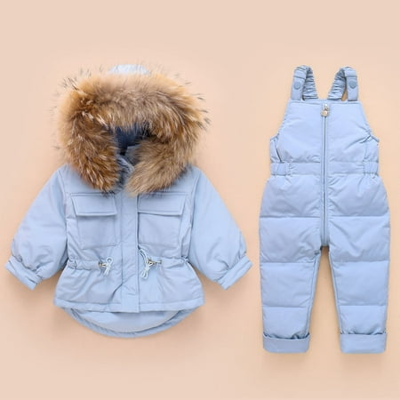 Hicidod Toddler Snow Suit Hooded Windproof Fashion Solid Toddler Snowsuit Thicken Winter Puffy Ski Snow Pant And Jacket Bib Set