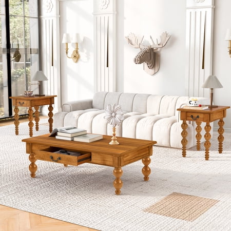 FFZ Solid Wood Coffee Table Set of 3 with Drawer Vintage Coffee Table and 2 End Side Table for Living Room Office Apartment (Natural)