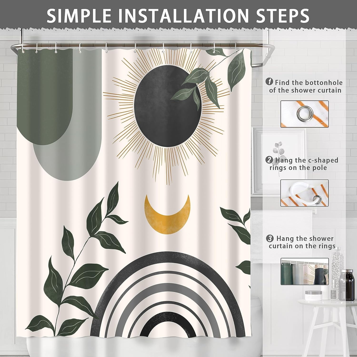 Zrodlmo Boho Shower Curtain and Rug Sets, 16pc Anti-Mold Sun Moon Leaf Modern Bathroom Set, Machine Washable, 72" x 72", Dark Black