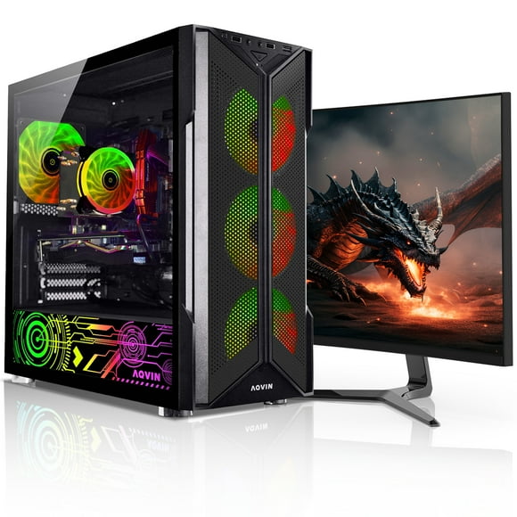 AQVIN Gaming Computer PC Desktop Intel Core i7 Processor, GeForce RTX 3060 12GB GDDR6, 32GB RAM DDR4 Memory 1TB SSD Storage, 24 inch Gaming Monitor ,RGB Keyboard and Mouse, Windows 11 Pro -Black