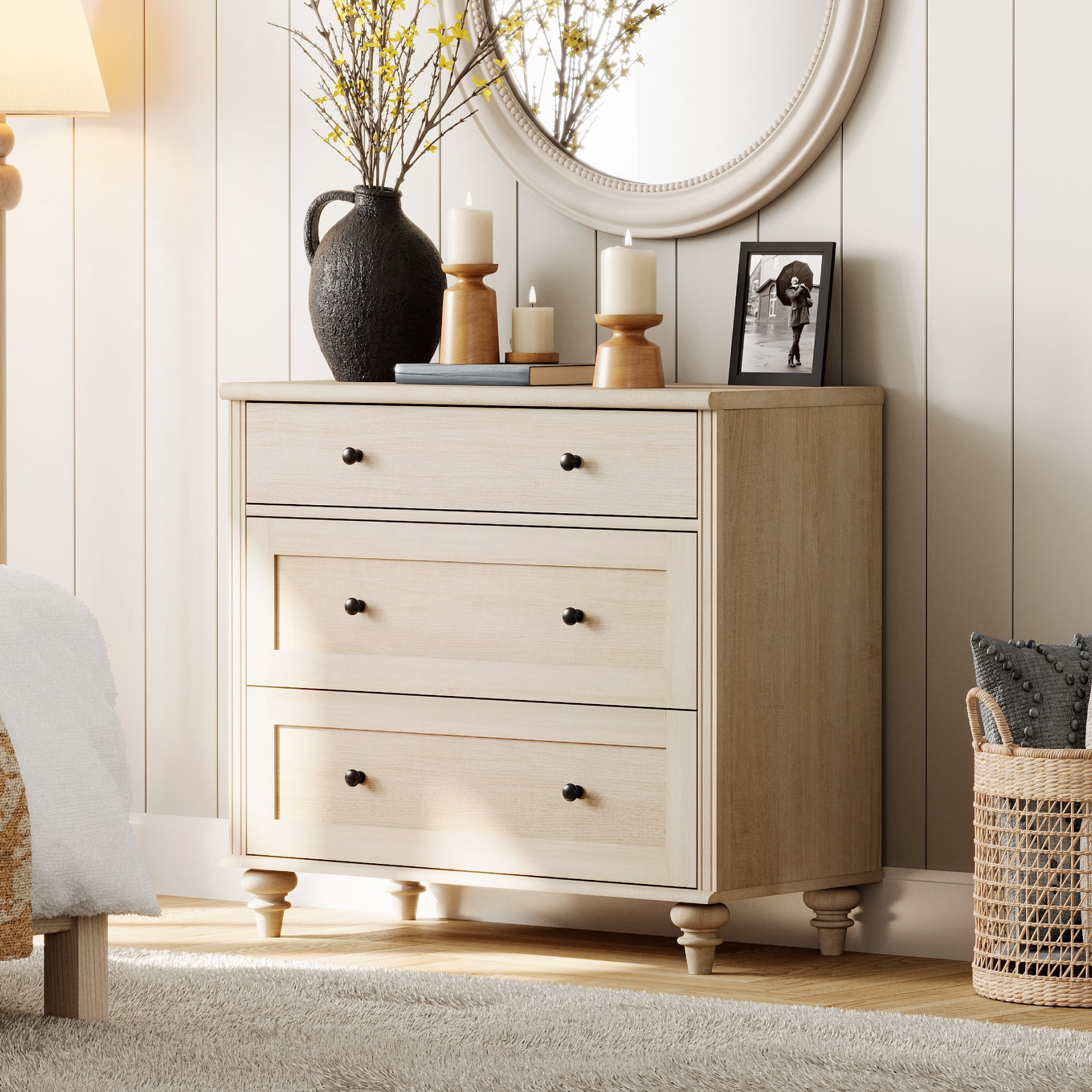 WAMPAT End Table for Living Room with 3 Drawers, Mid Century Modern Wooden Nightstand Closet Storage Organizer for Bedroom, Beige