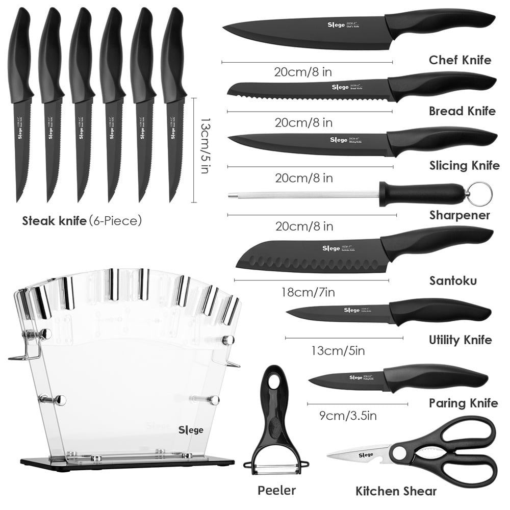 Knife Set, Slege 16-Pieces Kitchen Knife Set with Block, Stainless Steel  Kitchen Knives with Sharpener, Kitchen Shears and Carving Fork, Black
