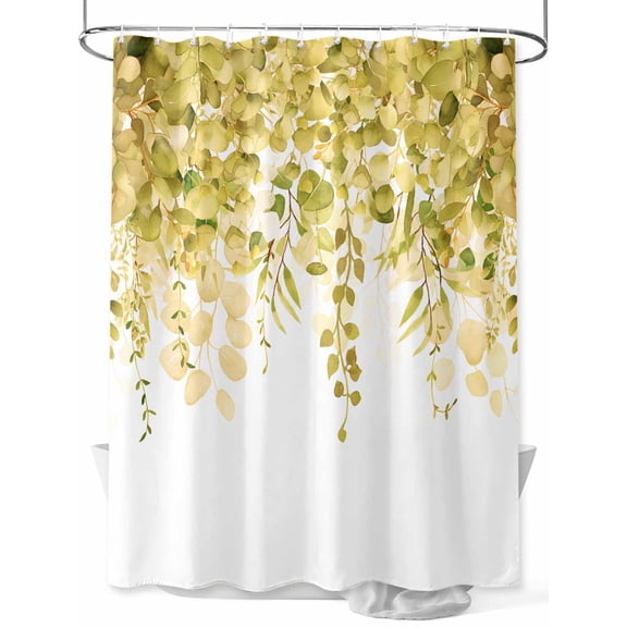 Shower Curtain Yellow Eucalyptus Bathroom Curtains with Hooks, Waterproof Fabric Watercolor Leaves Bath Shower Curtains Set for Bathroom Bathtubs Decor 36x72 Inch