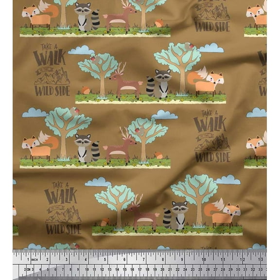 Soimoi Crepe Silk Fabric Tree,Deer & Racoon Cartoon Print Fabric by Yard 42 Inch Wide