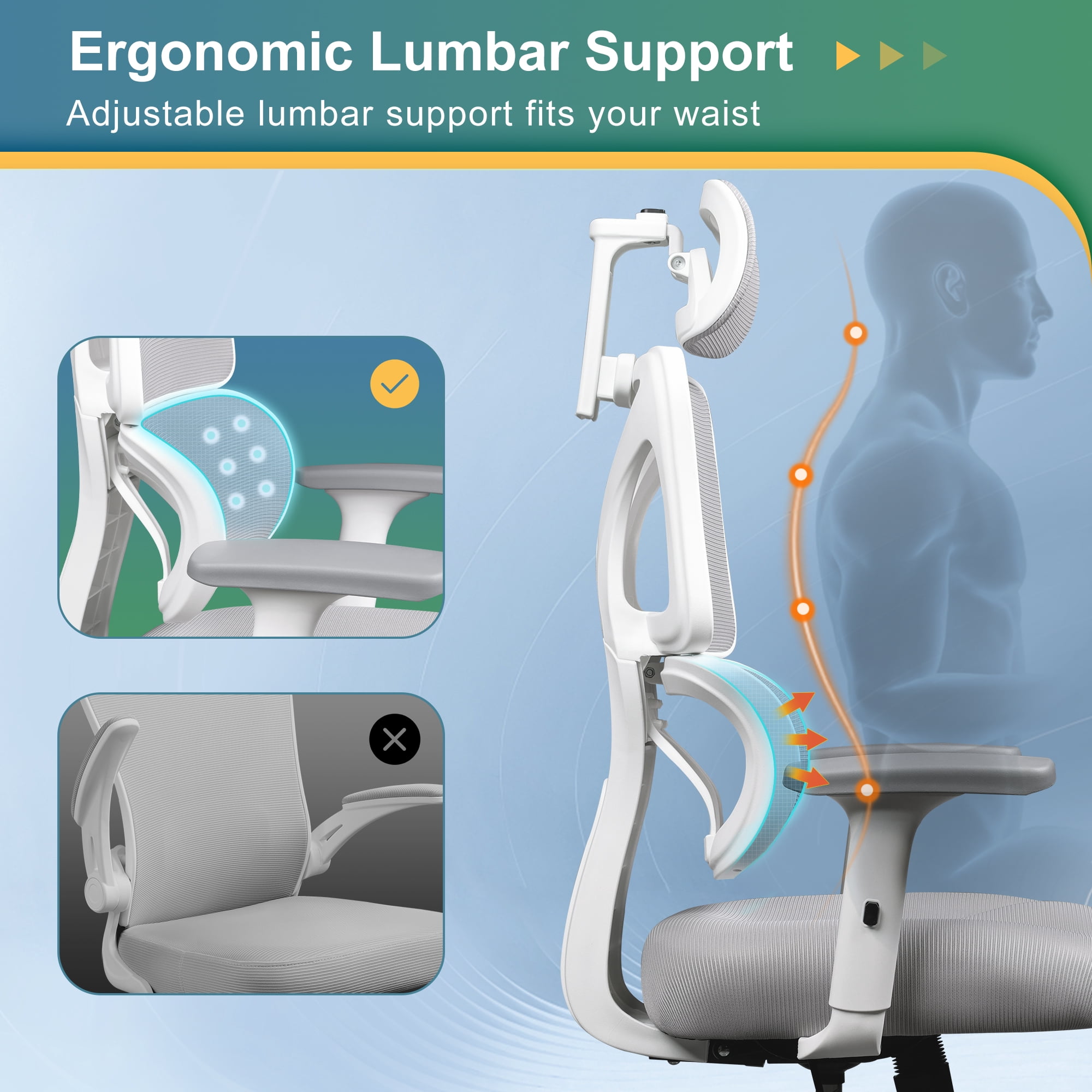 GALAXHERO Big and Tall Ergonomic Office Chair, Reclining Desk Chair for Long Hours with Adjustable Armrests & Lumbar Support, Breathable Mesh, White