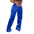 thumbnail image 2 of QATAINLAV Satin Cargo Pants for Women High Waisted Wide Leg Hip Hop Streetwear Solid Color Work Trousers with Multi-Pockets, Blue, S, 2 of 6