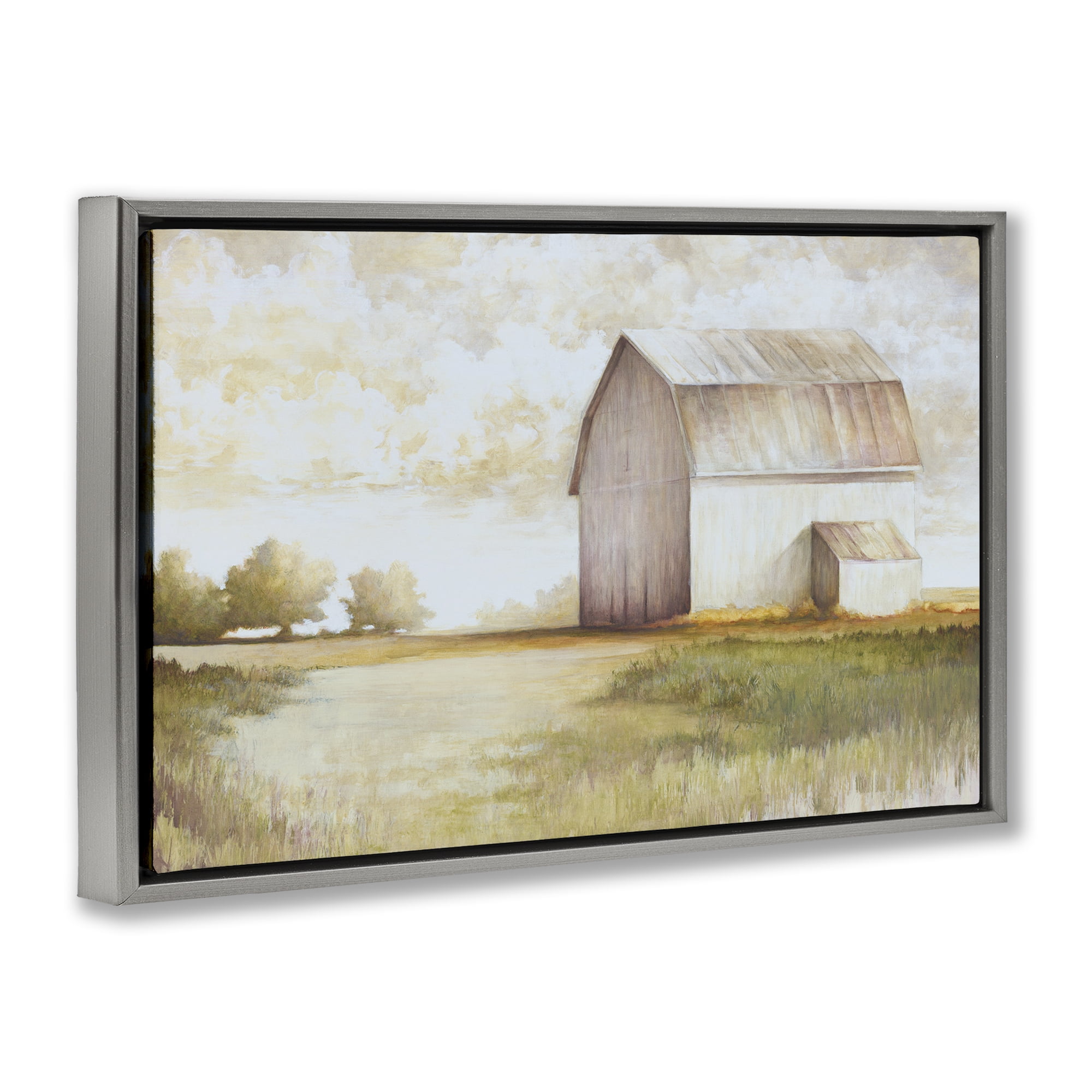 Stupell Industries Neutral Distant Barn Landscape Painting Gray Floater Framed Canvas Art Print Wall Art, 31 x 21
