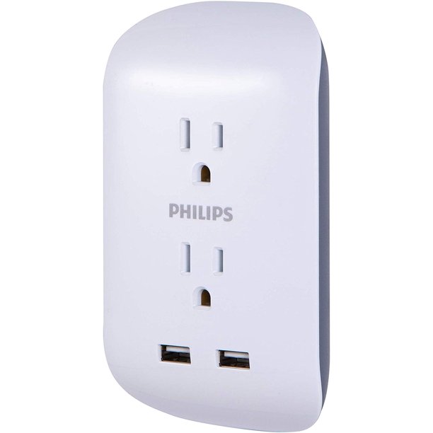 Philips 2Outlet Wall Tap with USB, 2 Ports, 2.1A, White