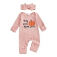 thumbnail image 2 of RMGVDSD My First Halloween Baby Girl Outfit Pumpkin Letter Print Long Sleeve Romper Jumpsuit with Headband Girl Thanksgiving Outfits 6-12 Months, 2 of 3