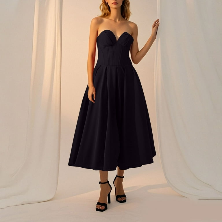 ZQUUVOU Strapless Satin Wedding Dresses for Women Structure Sleeveless Evening  Dress Formal Gown for Wedding Tea Party Black - Walmart.com