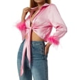thumbnail image 2 of Qiylii Women Long Sleeve Tie Front Blouse Cardigan Satin V Neck Vintage Feather Sleeve Crop Top Shirt Harajuku E-Girl Streetwear, 2 of 10