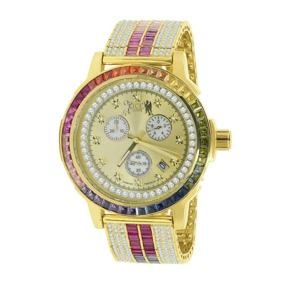 Rainbow Multi Tone Stainless Steel Iced Out Bezel Gold Finish Simulated Diamond Adjustable Band Mens Watch W/Date