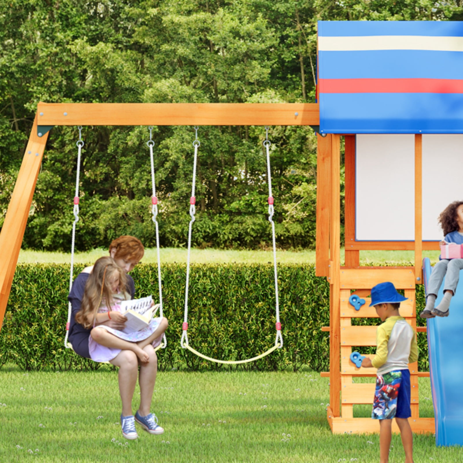Wooden Outdoor Swing Set 3 In 1 Swing Set Outdoor Children's Playset With Slide , 2 Swings And Climber For Garden, Backyard And Playground, Blue,Blue