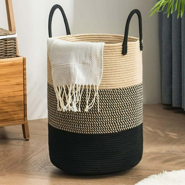 Panier Tressé en Corde de Coton Panier de Rangement Panier à Linge Sale Panier à Vêtements Pliable Brun Divers