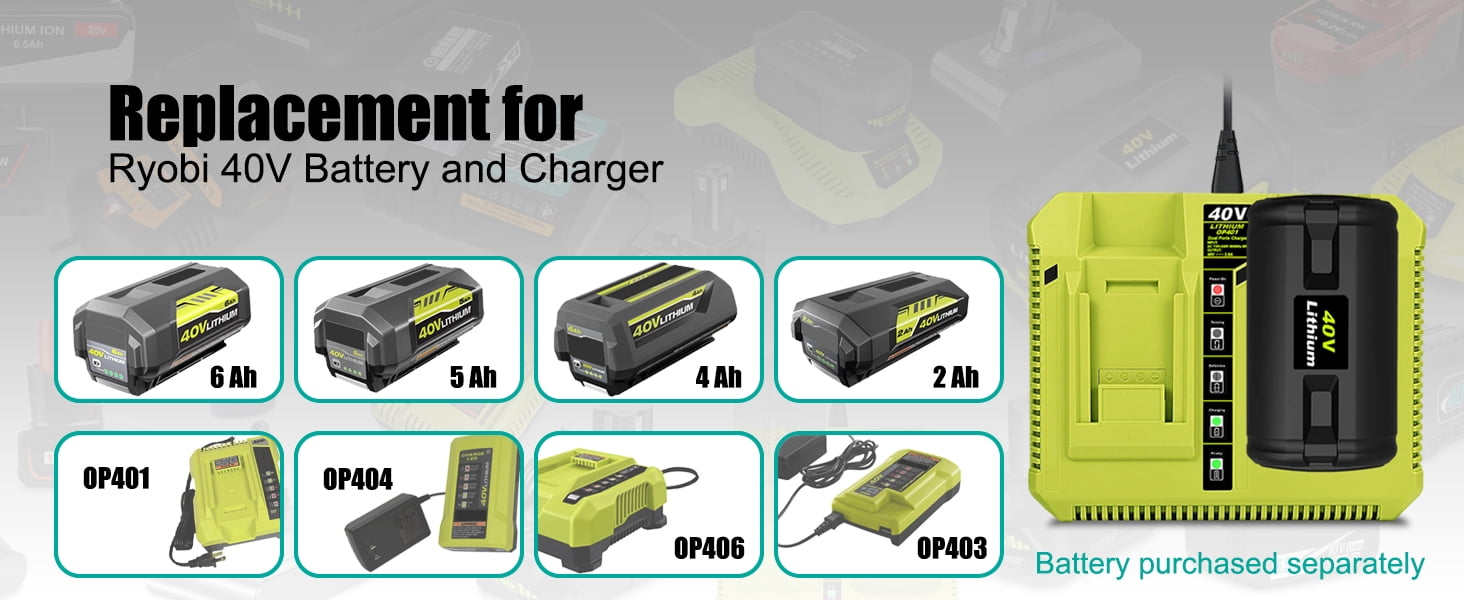 OP401 40V Dual Battery Charger Replacement for Ryobi 40V Lithium-ion Battery Rapid Charger OP401 OP403 OP404 OP406 OP407A OP40601 6Ah OP40602 5Ah OP4050 4Ah OP4040 40 Volts Dual Charger