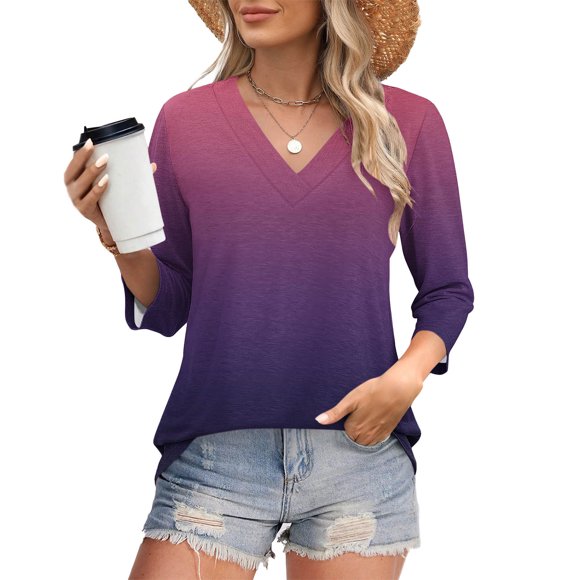 Babysbule T-Shirt Décontracté pour Femme à Col en V, Manches 3/4, Coupe Ample, Blouse à Imprimé Dégradé, Haut Confortable et Tendance pour Usage Quotidien