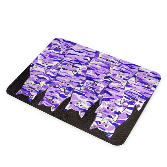 KuzmarK Glass Cheese Cutting Board 11"x7.75" - Purple Camo Camouflage Kitties Abstract Cat Art by Denise Every