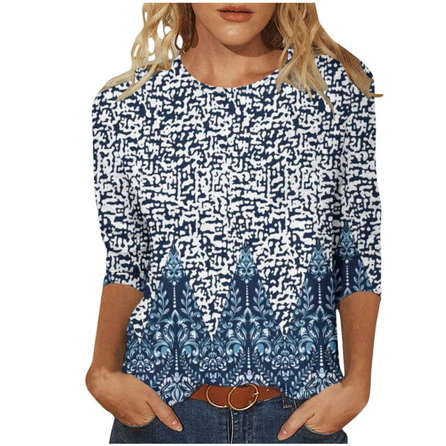 Birdeem Mode Femme Col Rond T-Shirt Manches 3/4 Automne Blouse Imprimée Chandail en Molleton