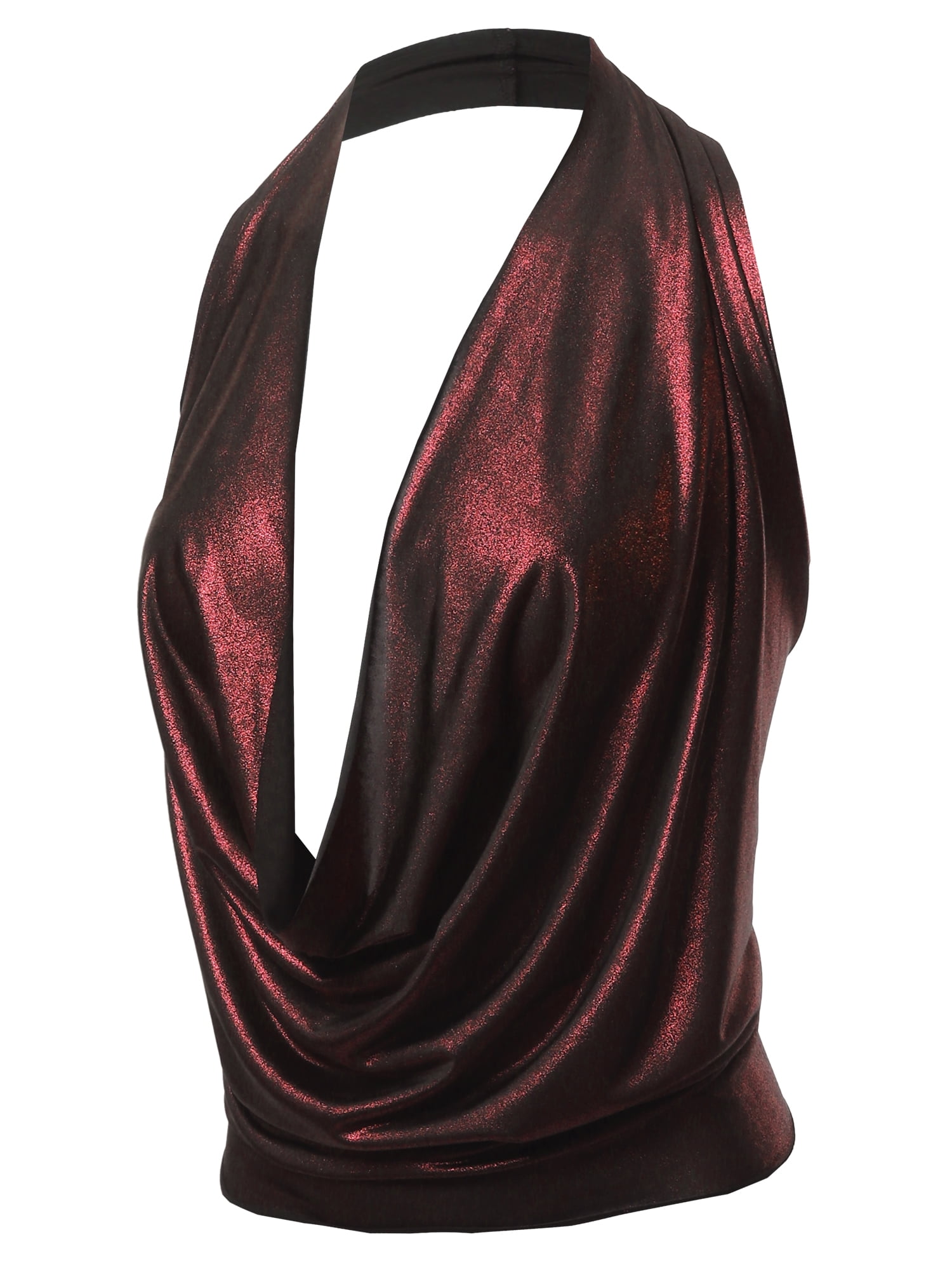 A2Y - A2Y Women's Sexy Drape Front Deep V-Neck Cowl Neckline Halter Backless Party Club Top Foil