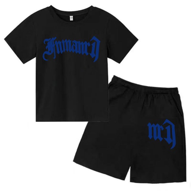 Ensemble T-Shirt Imprimé Gothique pour Enfants, Haut d'Été + Shorts 2 Pcs Manches Courtes Mode Décontractée Garçons Filles