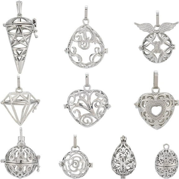 10Pcs Stone Holder Necklace Silver Locket Charms Bulk Cage Pendants Vintage Cage Locket Charms Perfume Diffuser Locket Pendants Ball Pendant