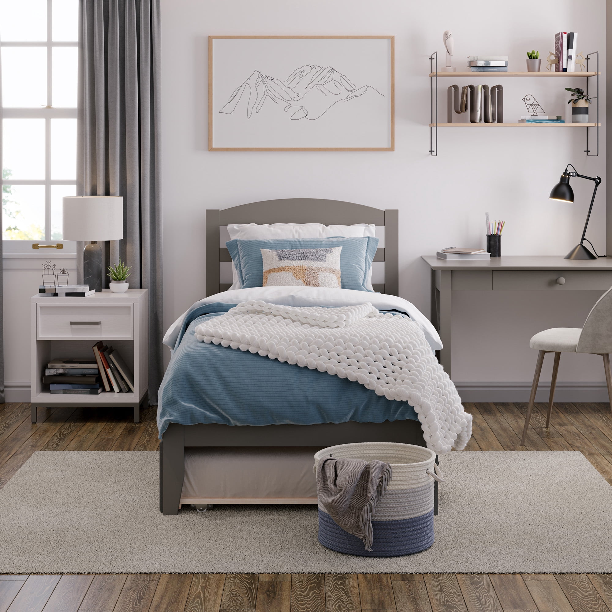 AFI Warren 14" Twin Wood Platform Bed Frame with Twin Trundle, Grey