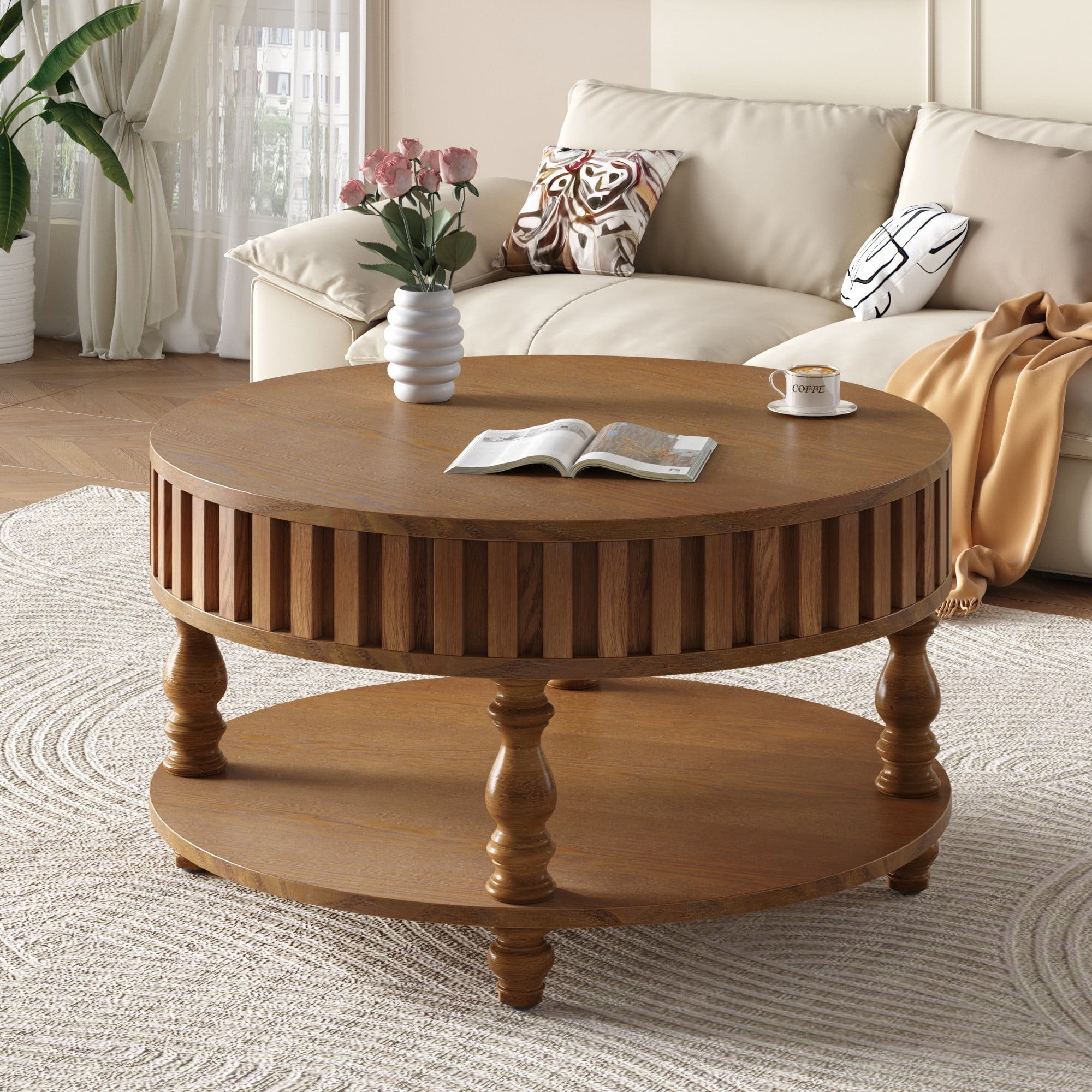 Fluted Coffee Table with Storage, 31.5" Round Coffee Table with Flip Top Lid and Shelf, Mid Century Modern Center Table for Living Room, Walnut