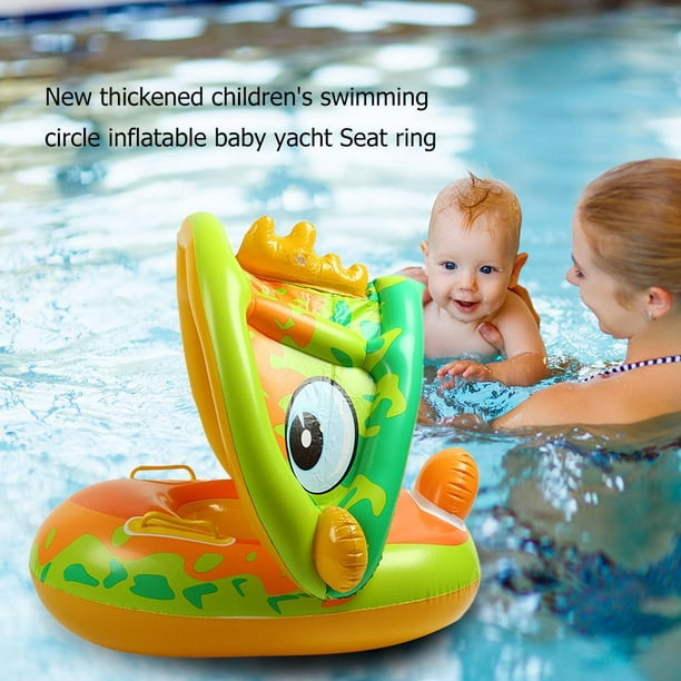 Inflatable Swimming Ring with Sun Shade Cute Swimming Pool Ring PVC Floating Baby Swim Circle Pool Accessories for Kids Green