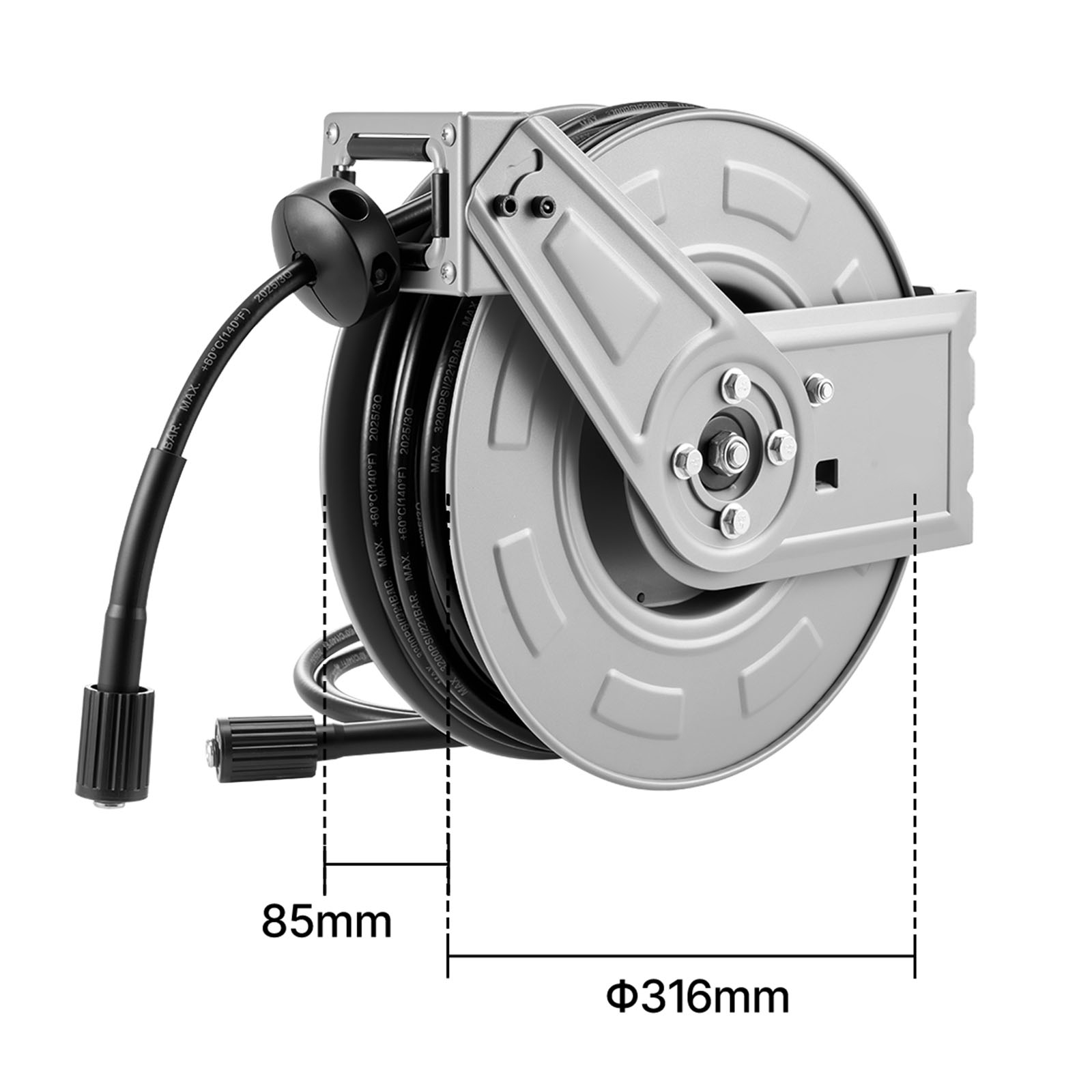 KFFKFF Retractable Pressure Washer Hose Reel, 65 ft x 1/4 inch Heavy-Duty Steel, 3200 PSI Max, Auto-Rewind, Wall/Floor Mount for Cleaning Cars, Gardens, and Floors