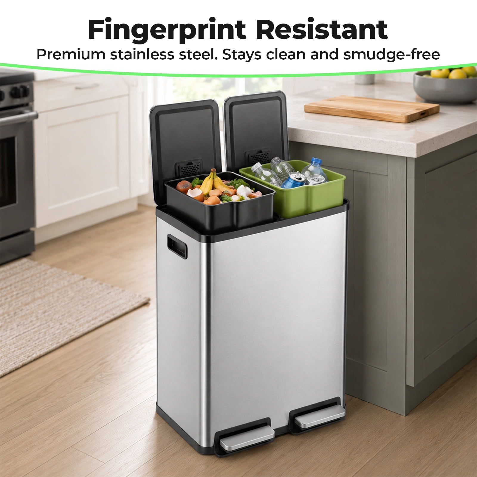 Alvantor 60L Trash Can, Dual Compartment 2x8 Gallon Stainless Steel Garbage Bin with Fingerprint Proof Finish, Soft Close Lid, and Hands-Free Pedal for Kitchen and Office