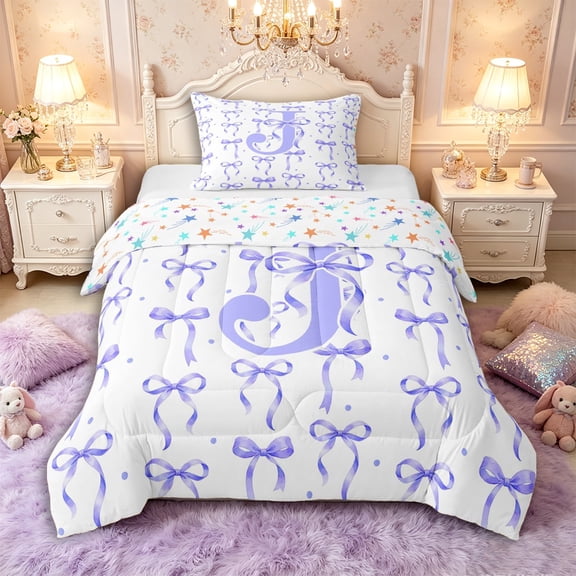 Manfei Kawaii Bow Personalized Initial J Twin Comforter Sets 3-Piece for Girls,Polka Dots Bowknot Alphabet Bedding Set for Kids Teens,Ultra Soft Home Decor