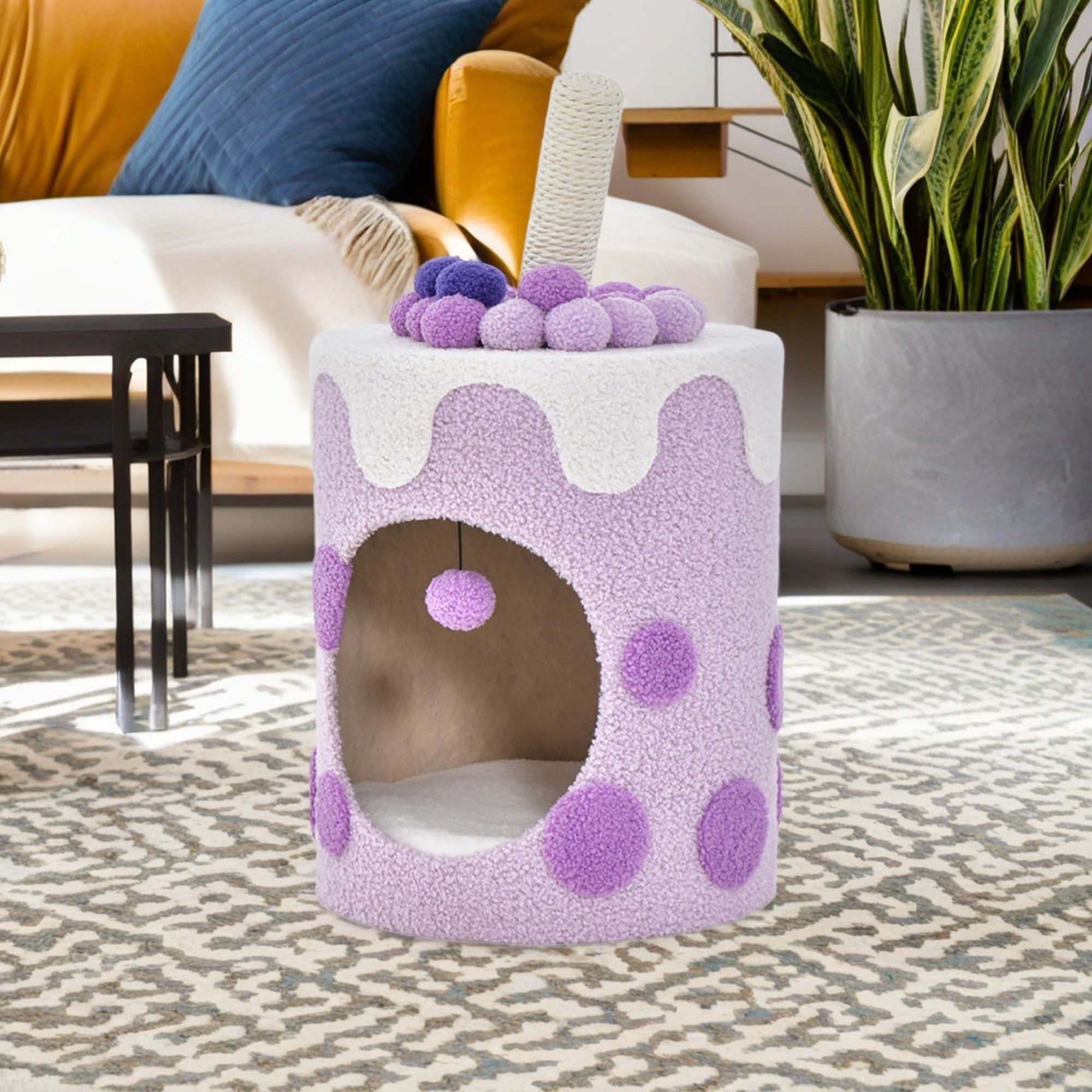 resenkos 27" Cat House for Indoor Cats with Scratching Post, Cat Cave Bed, Cat Condo Modern Cat Nest Cute Cat Shelter, Purple and White
