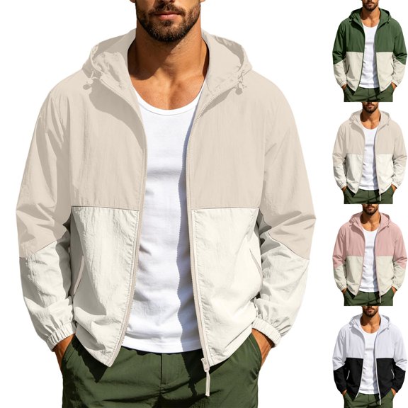 Men's Lightweight Sun Protection Windbreaker Hooded Athletic Color Block Running Shell Jacket Coat with Zipper Pockets for Hiking Running, Khaki, XL