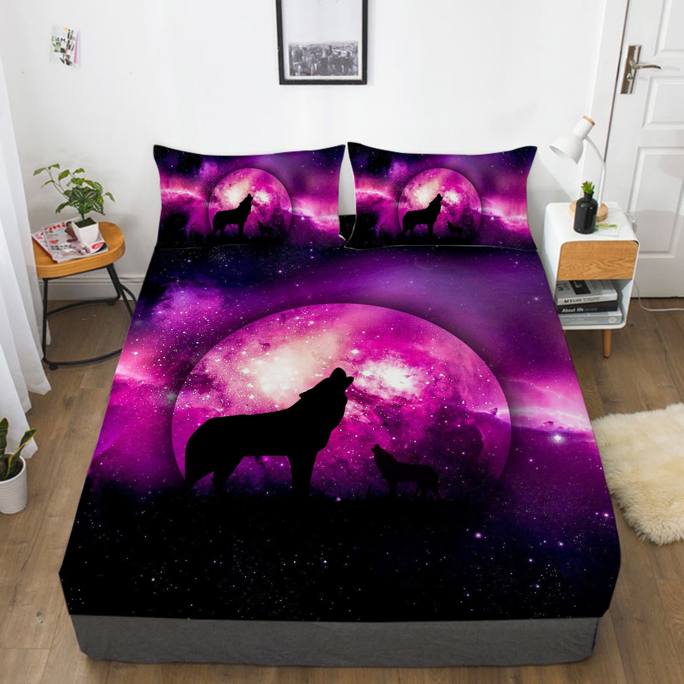 Moon and Wolf Home Bedspreads High Quality Fitted Sheet with Pillowcase
