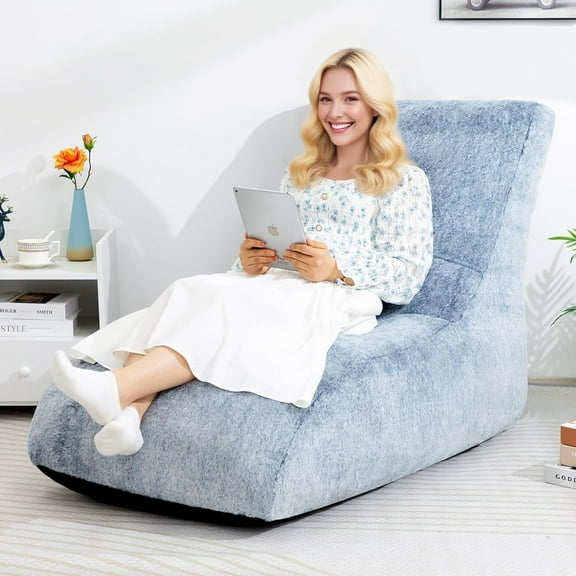 Accent Furry Bean Bag Chair, Extra-Large Zero-Gravity Chaise Lounge Chair for Adults, 30LB Memory Foam Bean Bag Sofa, Reading Lazy Chair for Living Room, Bedroom, Blue&Grey
