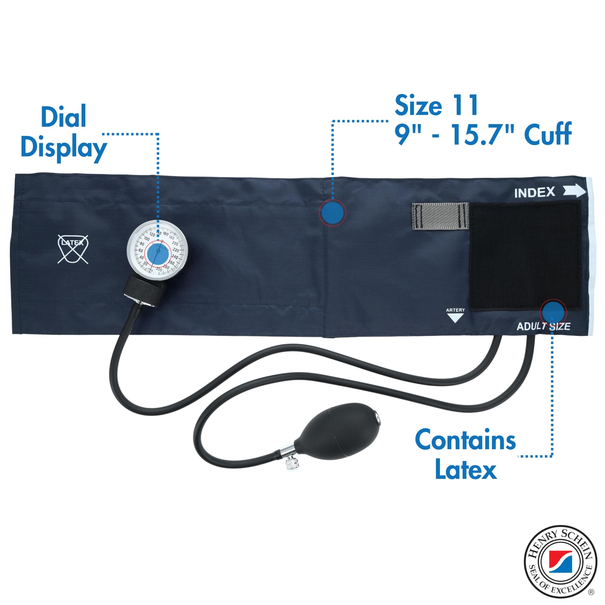Adult Pro Aneroid Sphygmomanometer – Size 11 Navy Blue Cuff, Manual Blood Pressure Monitor, Reusable, Dial Display, Includes Leatherette Carrying Case – 1 Count