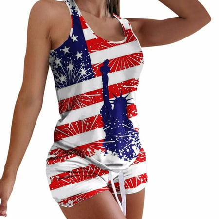 

4Th Of July Workout Sets For Womens America Flag Printed Women Sleepwear Tank Short Pajama Sets