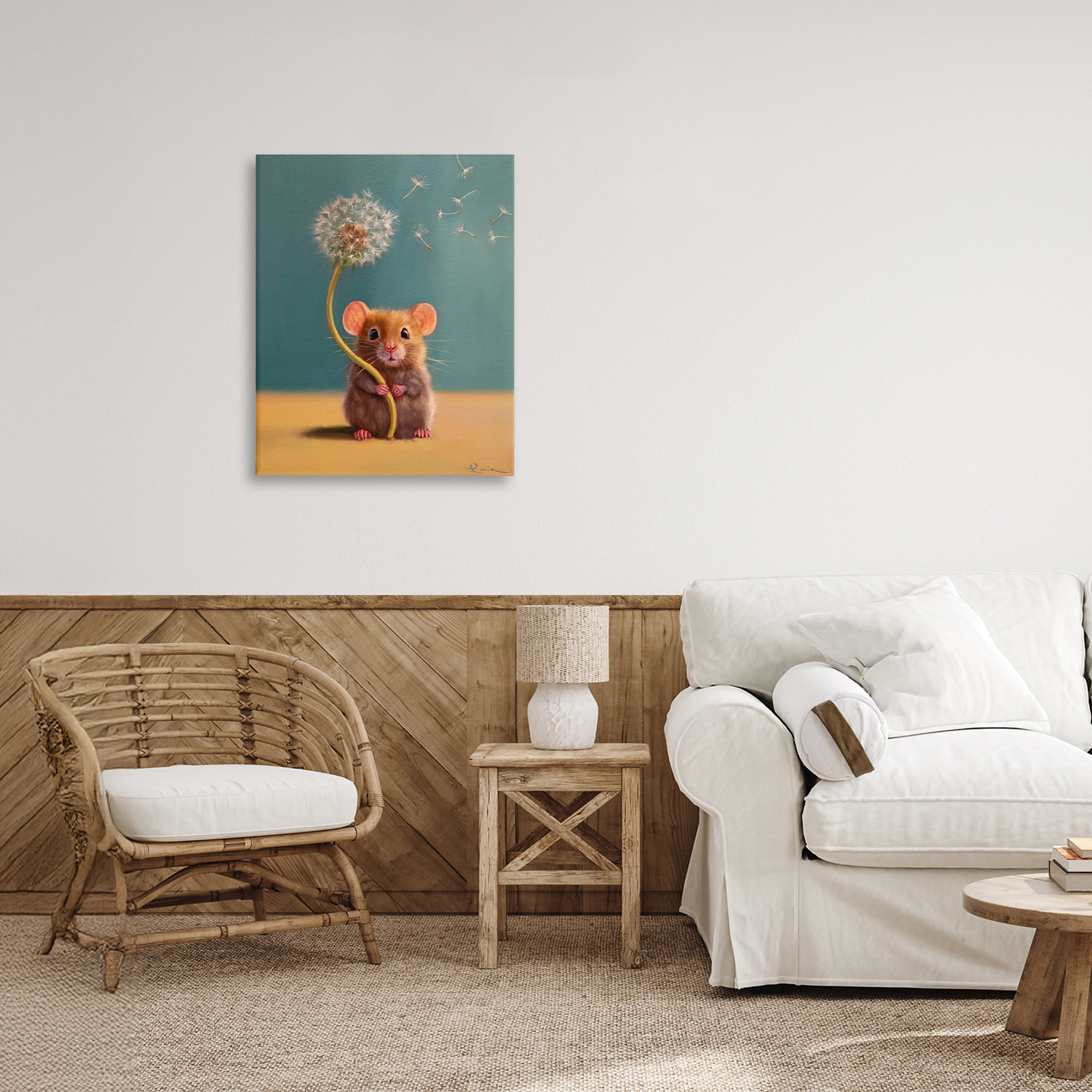 Tiny Wishes Mouse & Dandelion Canvas Wall Art, design by Lucia Heffernan