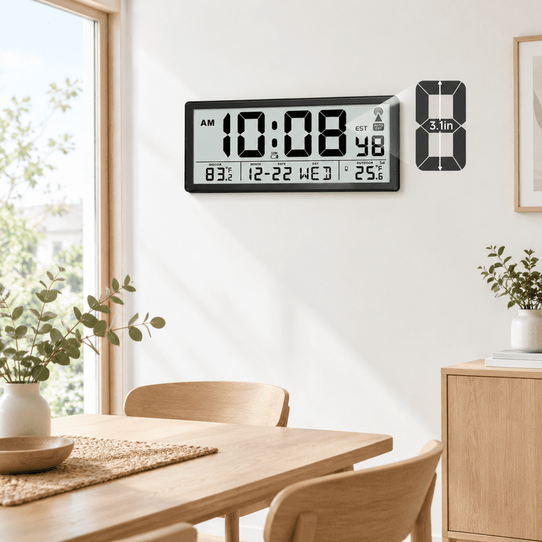 Black Atomic Wall Clock with Indoor/Outdoor Temperature Display, 15.67 ...