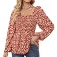 thumbnail image 2 of Homgro Women's Long Sleeve Shirt Ladies Casual Cute Floral Bishop Sleeve Top Soft Peasant Square Neck Shirred Ruffle Peplum Blouse Red 12-14, 2 of 5